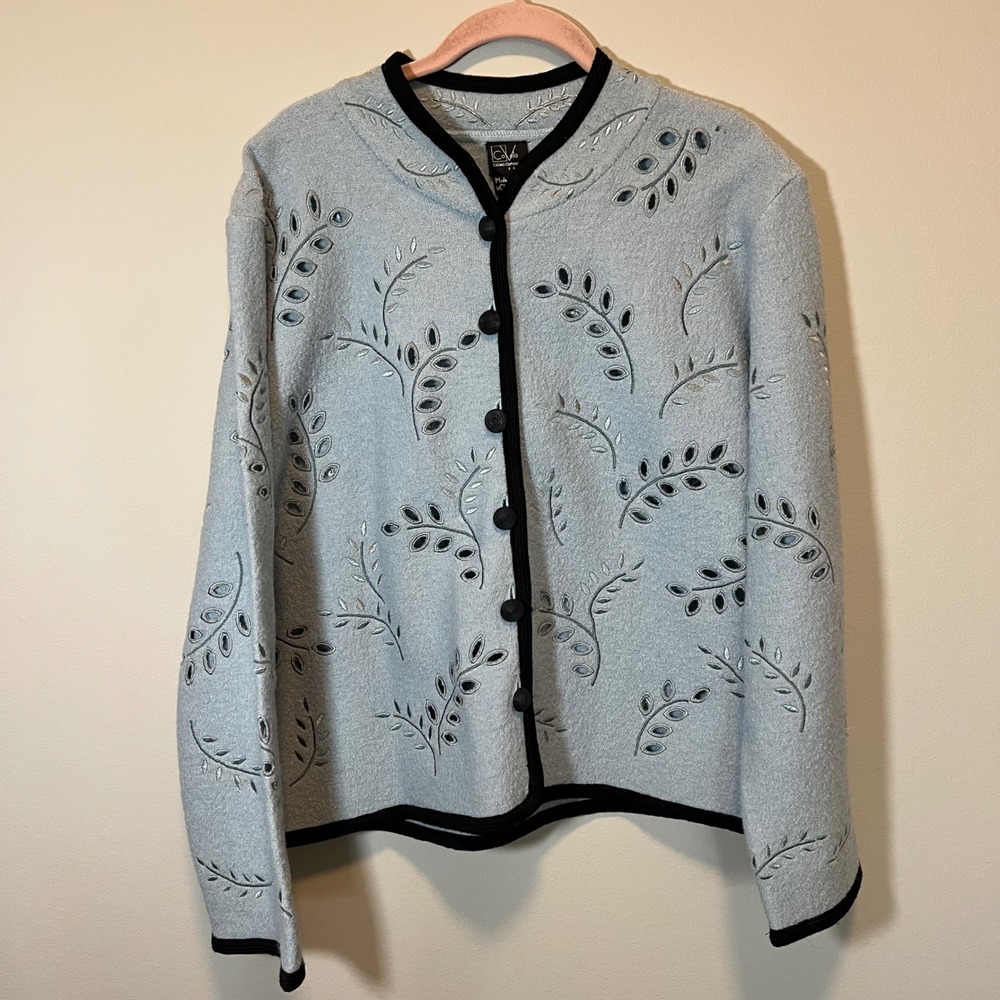 CoVelo Clothing Light Blue 100% Wool Embroidered Eyelet Leaf Cardigan Jacket XL